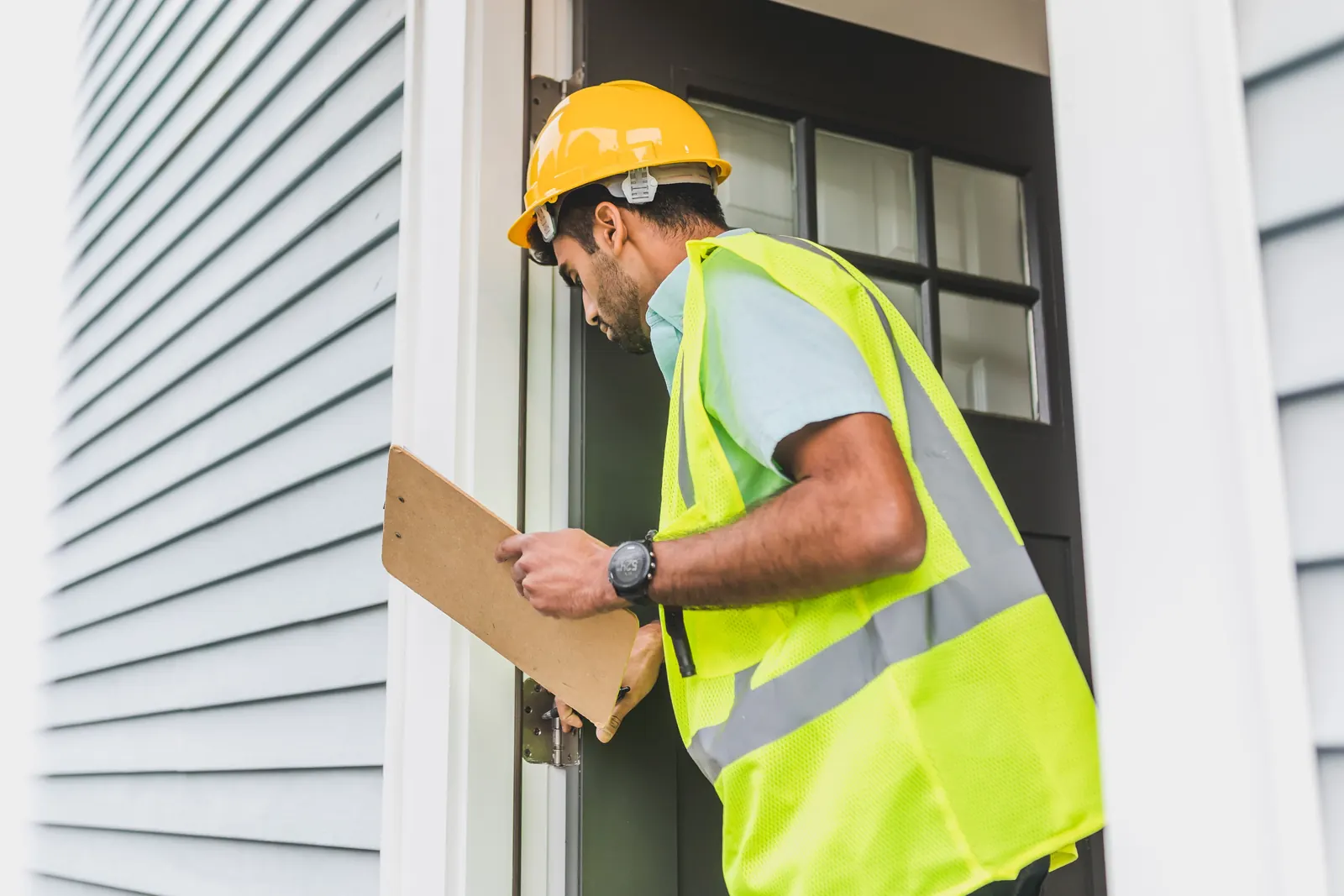 Inspector using a clipboard during an outdoor property condition assessment