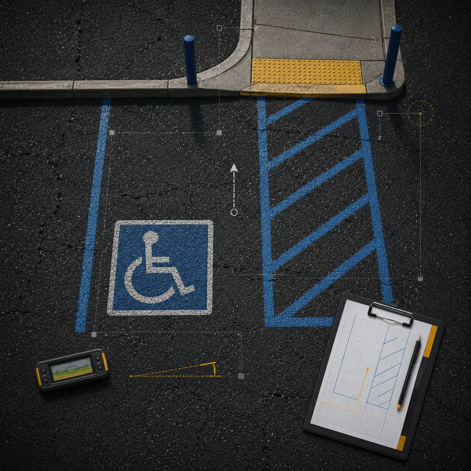 Accessible parking stall layout with curb ramp and field measurement notes