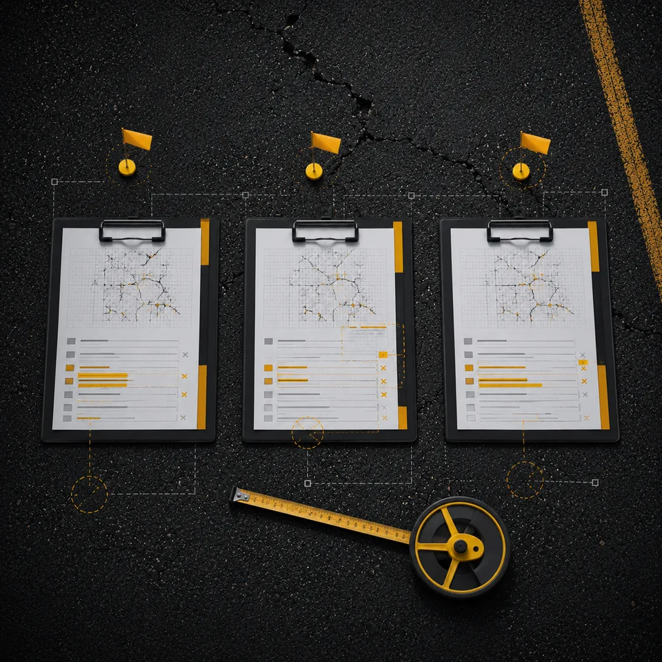 Marked pavement assessment clipboards on cracked asphalt