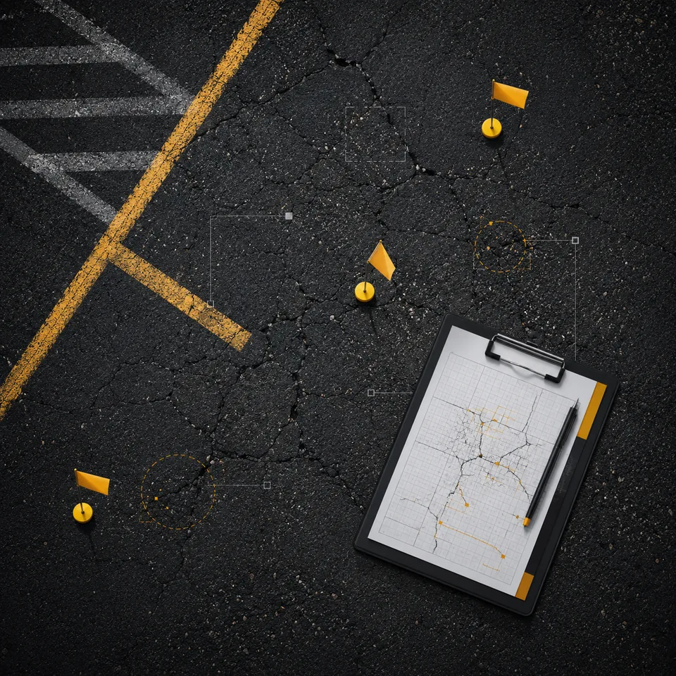 Pavement scope clipboard beside marked cracks and parking lot striping