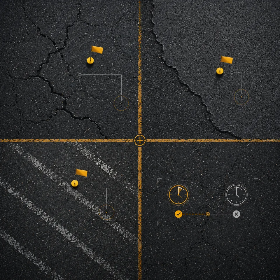Cracked parking lot divided into maintenance timing zones with field markers