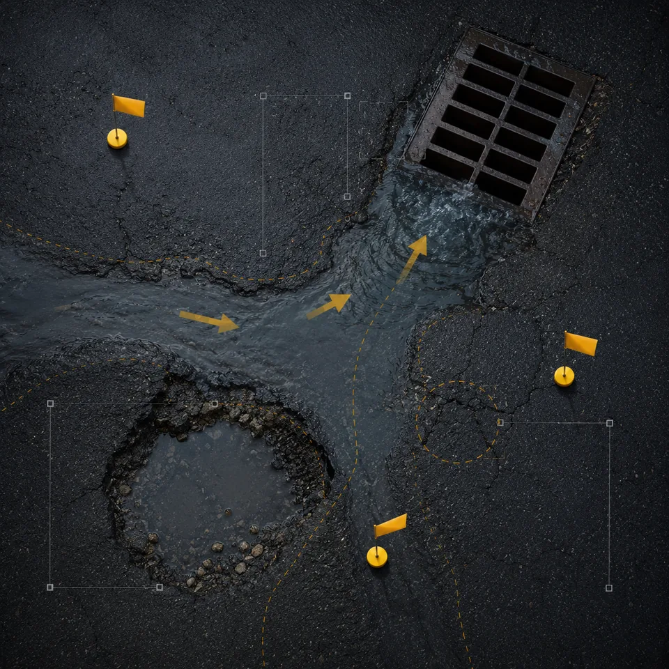 Standing water, drain inlet, pothole, and marked failure areas on asphalt