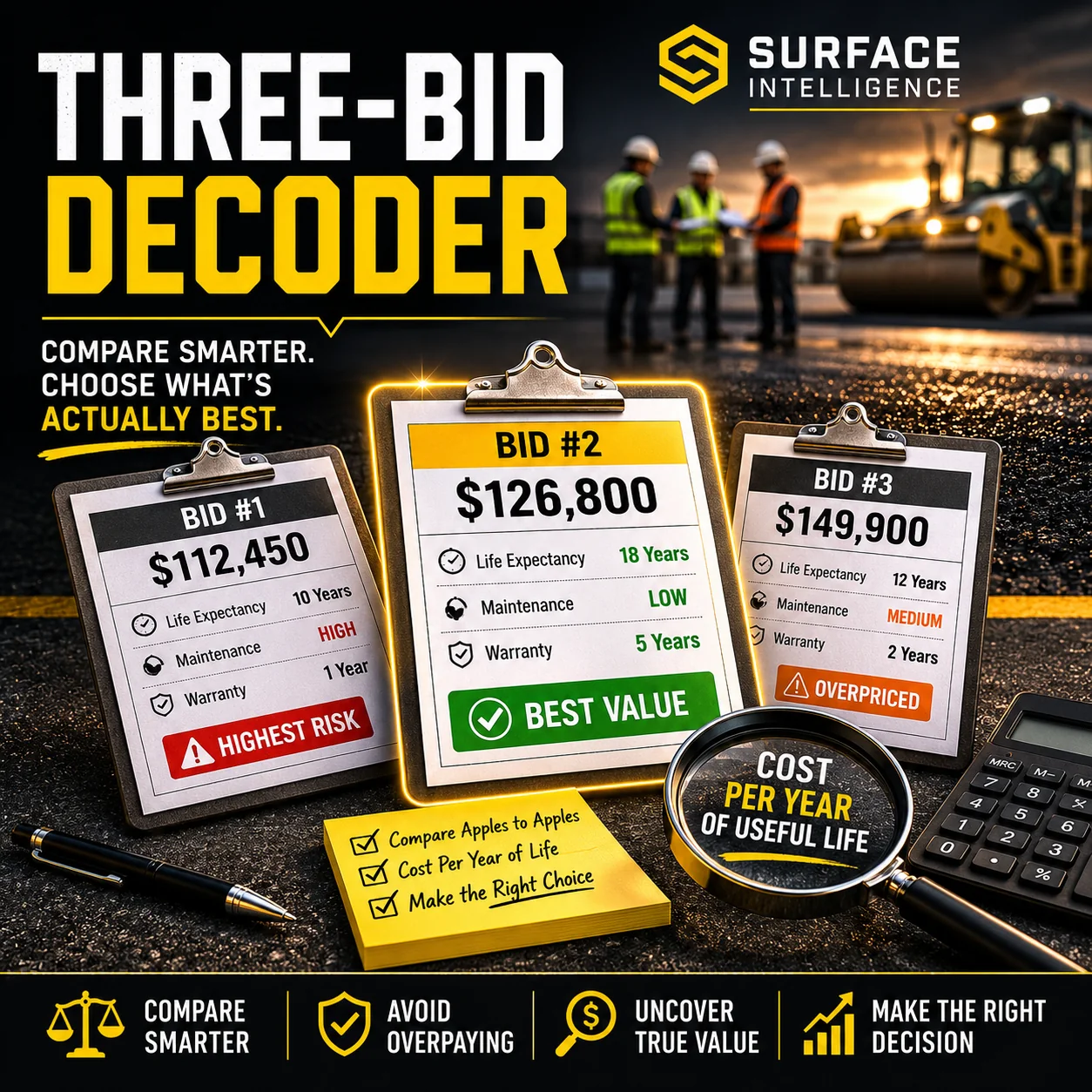 Three-bid decoder for paving proposal comparison