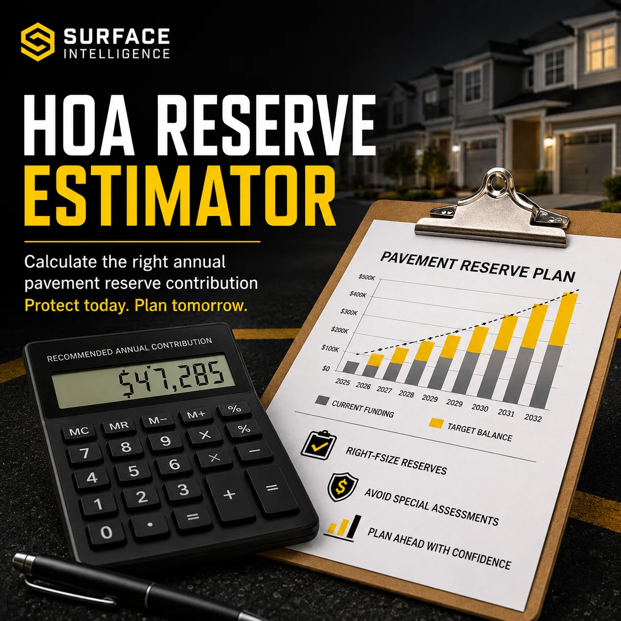HOA reserve estimator showing pavement reserve planning